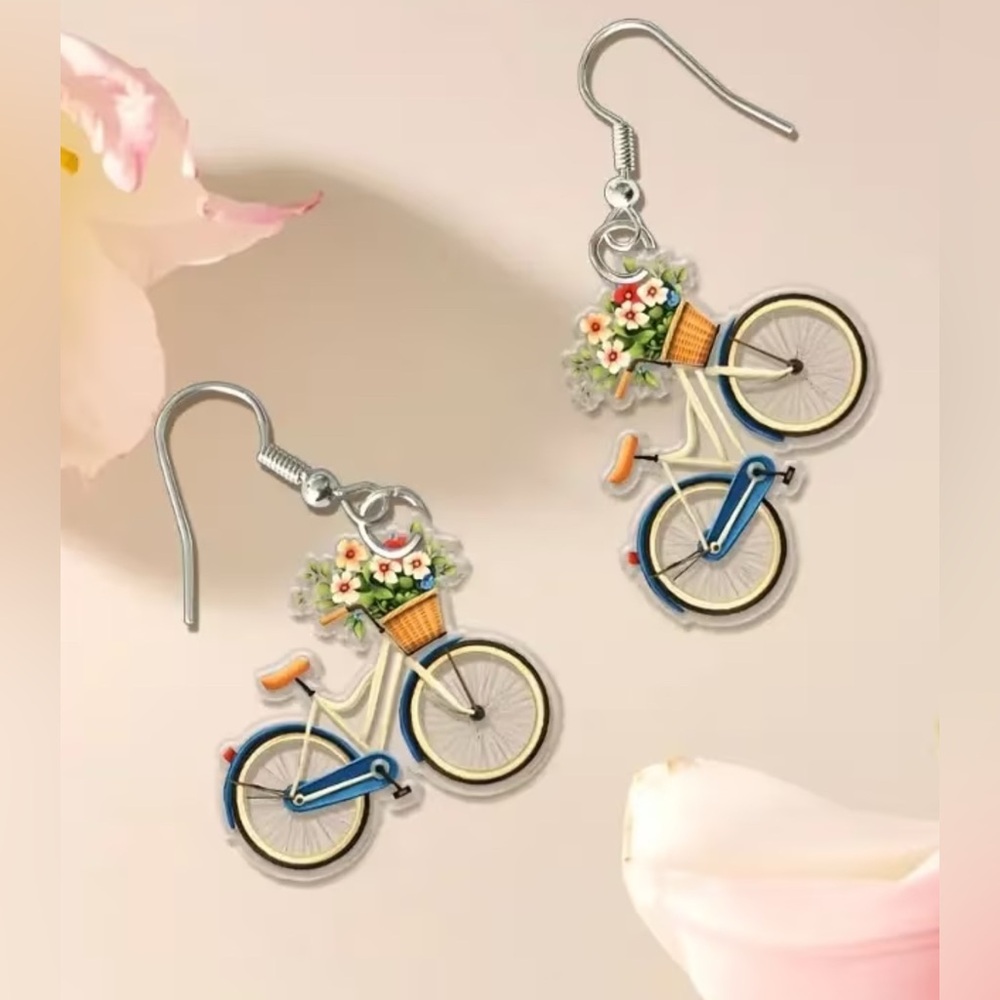 Bicycle with Flower Basket Dangle Earrings